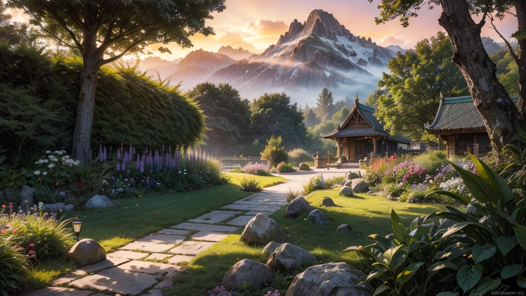 a futuristic modern home in a thai garden, fairytale view with dramatic mountain range, rocks plants flowers shrubs bushes trees moss lawns grass mushrooms fireflies,colourful sunset and strong sunbeams,very hazy,extreme details,photorealistic,4k,HD,beautiful,nature, dreamy, low shot,ground level photo, good luminosity, high ambience