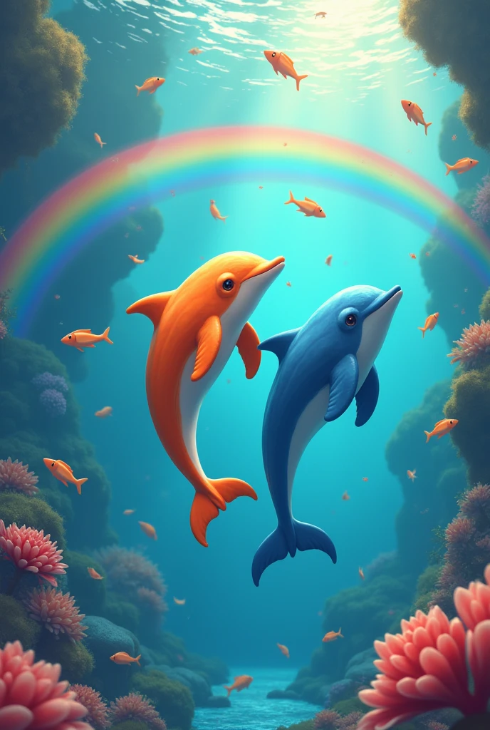 A blue dolphin and an orange dolphin swimming together with fish and rainbows in the background
