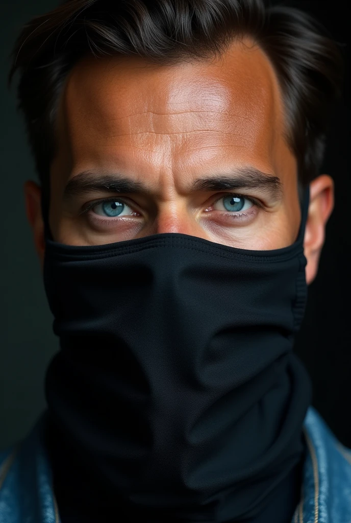 brown skin man, with blue eyes, wearing a black surgical mask.