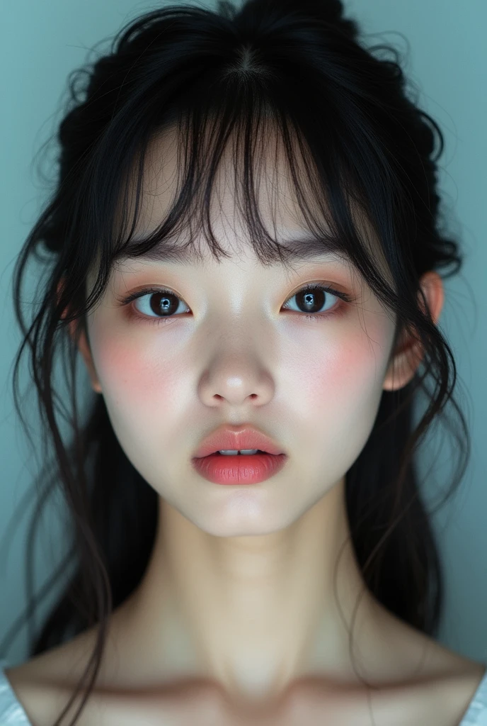 1 , Youngh, , teen ager, standing alone, Asian, Youngh coreana, skin as clear as snow, offwhite, long hair, huge hair, Bblack hair, hair with bangs,small and beautiful forehead, Symmetrical eyebrows, straight eyebrows, beautiful eyebrows, gorgeous eyes, tilted eyes, Asian eyes, eyes half closed, clear eyes, long eyelashes, big eyelashes, Coiled eyelashes, small-nose, nose a little round, big mouth, drawn mouth, disgusting mouth, pink mouth, beautiful  face, pretty like korean idol, beautiful like a goddess, unique beauty, barbie beauty, mermaid beauty, fairy beauty, actress beauty, beleza Youngh, photographic studio