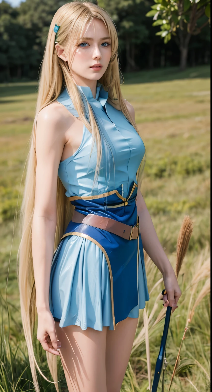 a beautiful woman standing in a field with blue sky and grass, long blonde hair, pale skin, blue eyes, model-like physique, tall, (best quality, 8k, highres, masterpiece:1.3), official art, beautiful and aesthetic, looking at viewer