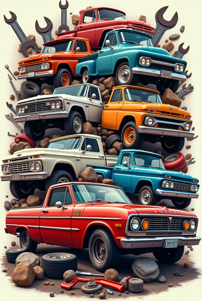 Make five images that have many cars, Trucks and car tools and also accessories, that the image is like a Collage