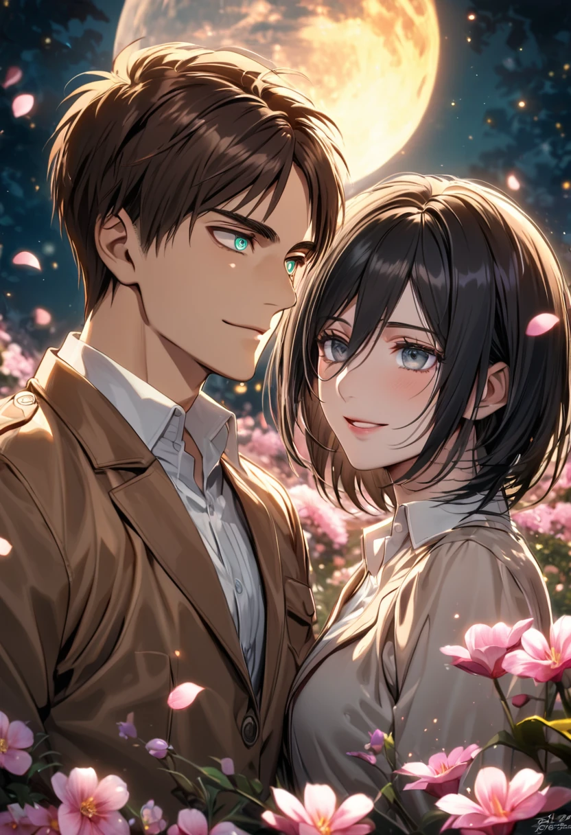 Ultra detailed, highres, absurdres, HDR, Eren Jeager, brown hair, expressive turquoise eyes, brown jacket, white shirt, Mikasa Ackerman, black hair, expressive gray eyes, brown jacket, white shirt, Shingeki No Kyojin, pink flowers, petals, fireflies, moon, a beautiful woman together with a handsome man, couple, handsome, beautiful, very detailed face and eyes, smiling