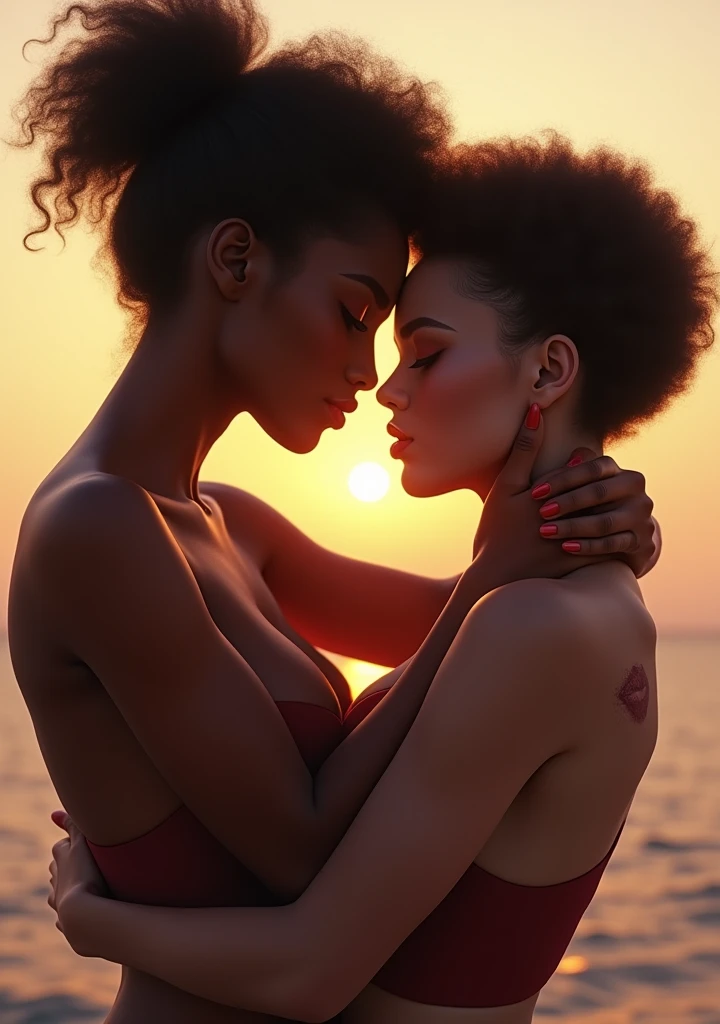 interracial lesbians, white skinned woman in black skinned woman's embrace, kiss, both naked, closed eyes, their lips and bodies are wet, the white skinned woman's hair is Sleek Middle Part Hair look, reduce illumination from top, add illumination from a 360 view from horizon, sexual pose, realistic style, first sex fanart, realism artstyle, realistic artstyle, hyperrealistic , high quality fanart, artwork, 8k, realistic art style, passionate sexy pose, detailed realistic expressions, realistic picture, lesbian experience, making love, the woman off center is bound big bone african american woman with short afro hairstyle, black skinned woman's hands are hanging on either side of white skin girl's shoulders, faint kiss marks with faint lipstick and faint mascara color rub-off smeared on one another's skin (black on white and vice versa),