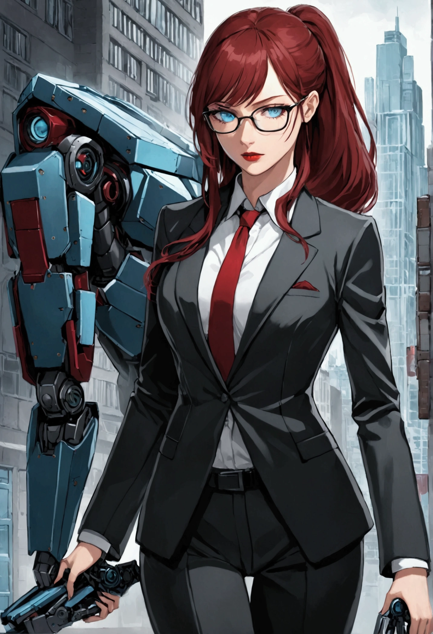 She is an attractive, beautiful and intelligent detective woman with long and dark red hair down to her hips, has bangs, a ponytail, 1.78 tall, thin and rectangular framed glasses, ice blue eyes, dark red lipstick, a black suit, a robot arm on her right arm, a fierce look. She is currently pursuing a murder.
