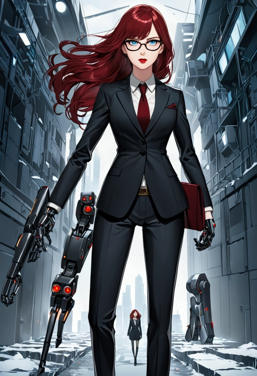  She is an attractive, beautiful and intelligent detective woman with long and dark red hair down to her hips, has bangs, a ponytail, 1.78 tall, thin and rectangular framed glasses, ice blue eyes, dark red lipstick, a black suit, a robot arm on her right arm, a fierce look. She is currently pursuing a murder.