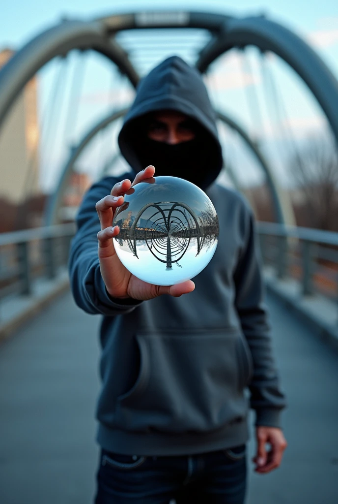 The image shows a dynamic, action-oriented scene focused on a person who is in the process of either tossing or catching a small, clear crystal ball. The person is dressed in casual, urban attire with a hoodie that obscures their face, adding a sense of mystery. The background features a blurred, symmetrical, arched pedestrian bridge, which creates a sense of depth and motion, drawing the viewer's attention toward the crystal ball. The ball itself reflects the surrounding environment, including the bridge's structure, creating a captivating visual effect that contrasts with the fast-moving background. The overall composition conveys a sense of motion, focus, and urban mystique. the frame shoot is highly compositioning photo.the quality of photo is high,vivid and vibrant.