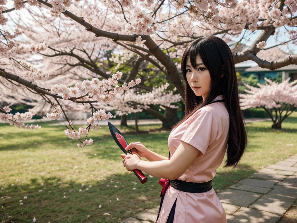 A Beautiful Asian Woman, with Sakura Cosplay Costume in the Naruto anime series, holding a kunai weapon, martial arts standby, cherry blossom tree background