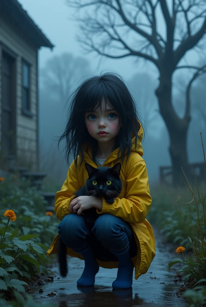 ((best quality9)), (photorealism:1.2), (detailed), Coraline character, real girl, , squatting, holding a black cat, wearing yellow rain jacket, dark blue jeans, and blue socks, Outdoor, misty garden, Wet, dim lighthouse light, dark night, tree without leaves in the background, relaxed pose, realist, intricate details, cold colors, style, Henry Selick