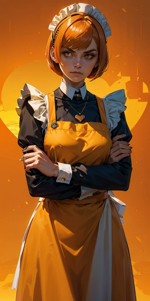 1girl, solo, maid with apron, yellow and orange hair, short bob haircut, medium breast hold, breasts, heart brooch necklace, closed mouth, crossed arms, dress, dusk, enmaided, evening, frown, long sleeves, looking at viewer, maid apron, maid headdress, yellow and orange background, orange sky, orange theme, ribbon, sunflower, sunset, v-shaped eyebrows, yellow and orange apron, yellow  and orange background gradient,  yellow and orange theme