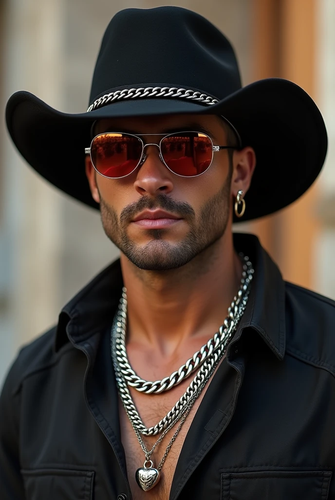 A man whose style of dress mixes agroboy with funk singer. He wears a black country hat and a black shirt., wears funk singer style chains and sunglasses with mirrored lenses like juliet. His skin color is light and his features are similar to those of the Argentine people.. He has no beard.