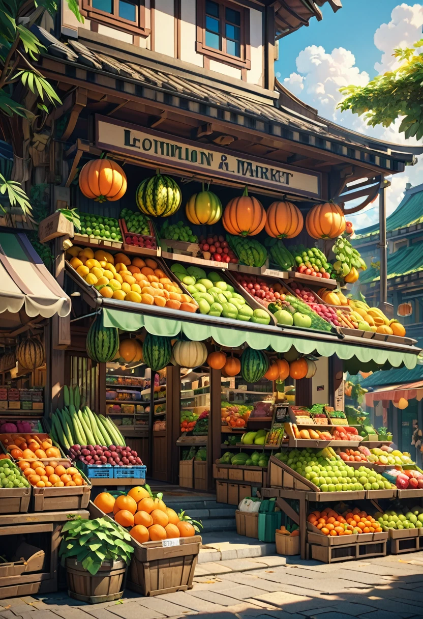 A large outdoor fruit market with a facade, front entrance, in an anime style scene, with a horizontal view, a single location, no people, lush vegetation and environment, detailed architecture, colorful produce displays, warm lighting, vibrant colors, intricate details, photorealistic, 8k, best quality, masterpiece