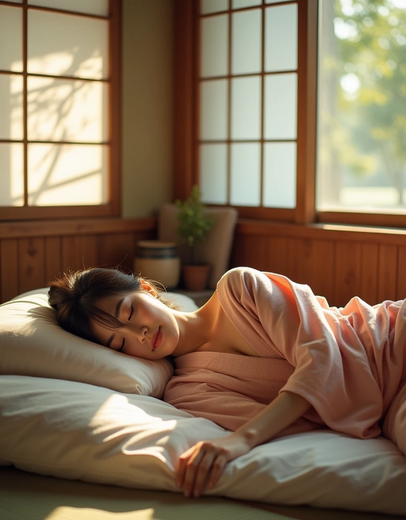 Photo, Real A Japanese woman with an idol-like face, kind and cute, adorns a gentle smile as she sleeps peacefully on a traditional futon in a serene washitsu-style room of a ryokan. The soft glow of morning light filters through the shoji screens, casting a warm ambiance. Her delicate yukata drapes elegantly around her, showcasing a hint of cleavage. Framed by the rustic wooden fusuma sliding doors, she lies full-length on the tatami mat, surrounded by traditional Japanese decorations and tranquil atmosphere, captured in a high-resolution RAW photo.