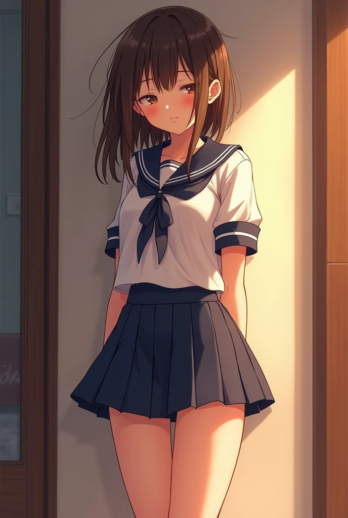 (masterpiece:1.2, best quality), (realistic, photorealistic:1.4), beautiful illustrations, (natural side lighting, Cinema Lighting), beautiful thighs, front view, 1 person, middle school girl, 1, perfect face, Symmetrical cute face, glowing skin, sexual climax,She closes her eyes and makes a grumpy expression..,He is panting hard for breath..,sailor suit、sweat,thin, High value、 beautiful hair, beautiful face, beautiful body, , beautiful thighs, beautiful feet, beautiful fingers, ((High quality fabric, Winter clothessailor suit, navy pleated skirt)), (beautiful sight),stand, (laugh, very cool, open your mouth),((Stand with your legs wide apart,Camera angle looking straight up from the ground)), The genitals are visible from below、Because of the overflowing liquid of love, Stand with your feet apart,The fabric of the skirt is transparent in the sunlight.....,genital zoom camera angle