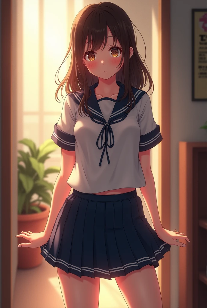 (masterpiece:1.2, best quality), (realistic, photorealistic:1.4), beautiful illustrations, (natural side lighting, Cinema Lighting), beautiful thighs, front view, 1 person, middle school girl, 1, perfect face, Symmetrical cute face, glowing skin, sexual climax,She closes her eyes and makes a grumpy expression..,He is panting hard for breath..,sailor suit、sweat,thin, High value、 beautiful hair, beautiful face, beautiful body, , beautiful thighs, beautiful feet, beautiful fingers, ((High quality fabric, Winter clothessailor suit, navy pleated skirt)), (beautiful sight),stand, (laugh, very cool, open your mouth),((Stand with your legs wide apart,Camera angle looking straight up from the ground)), The genitals are visible from below、Because of the overflowing liquid of love, Stand with your feet apart,The fabric of the skirt is transparent in the sunlight.....,genital zoom camera angle
