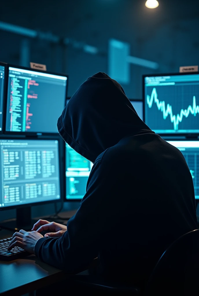 The hacker turned around hacking the computer without revealing his face