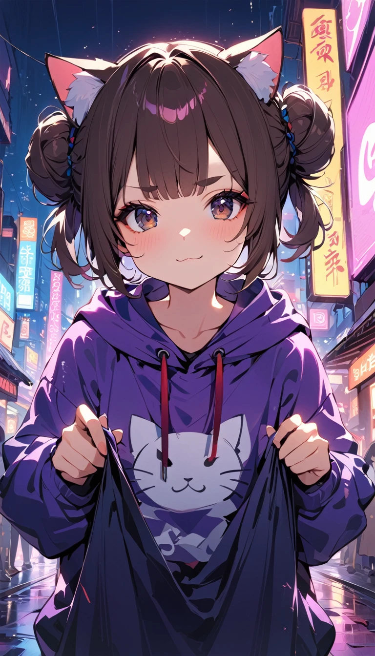 (((masterpiece, Highest quality, 1 girl with cat ears, alone, 独奏))), (((two side bun hairstyle, a little lighter brown hair,Lift all the hair on the sides, Very round eyebrows:1.8, bangs, Beautiful Eyes, Droopy eyes:1.6, Black Eyes))), (smug face, :3 face, smug face, Close your mouth, Red round cheeks, Mouth ω) View your viewers, 1, (((Navy blue Chinese style hoodie, Purple hoodie strings))), Small breasts, ((whole body, squat, arms behind)), from the front, full moon, A city full of neon lights in China, Many faint particles of light on the entire screen,