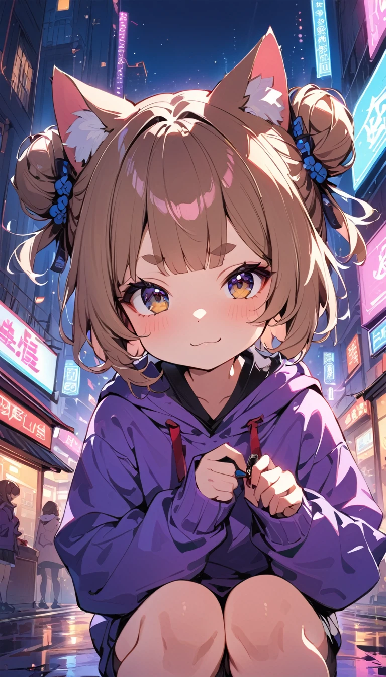 (((masterpiece, Highest quality, 1 girl with cat ears, alone, 独奏))), (((two side bun hairstyle, a little lighter brown hair,Lift all the hair on the sides, Very round eyebrows:1.8, bangs, Beautiful Eyes, Droopy eyes:1.6, Black Eyes))), (smug face, :3 face, smug face, Close your mouth, Red round cheeks, Mouth ω) View your viewers, 1, (((Navy blue Chinese style hoodie, Purple hoodie strings))), Small breasts, ((whole body, squat, arms behind)), from the front, full moon, A city full of neon lights in China, Many faint particles of light on the entire screen,