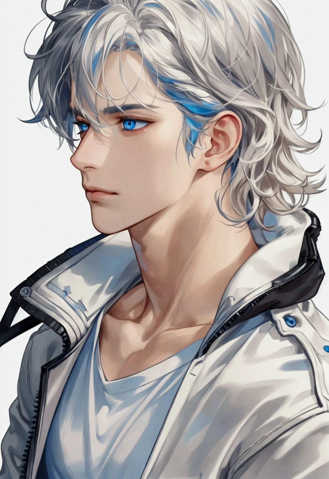 (masterpiece, High resolution, Ultra-detailed:1.0), (1male, male face), Perfect male body, adult male, Delicate eyes and delicate face, Extremely detailed CG, complicated details, detailed face, (by white, blue eyes, messy hair, calm face, White T-shirt, black leather jacket), simple background, color difference, depth of field, dramatic shadow, ray tracing, Best Quality, cinematic lighting, official art, profile portrait.

