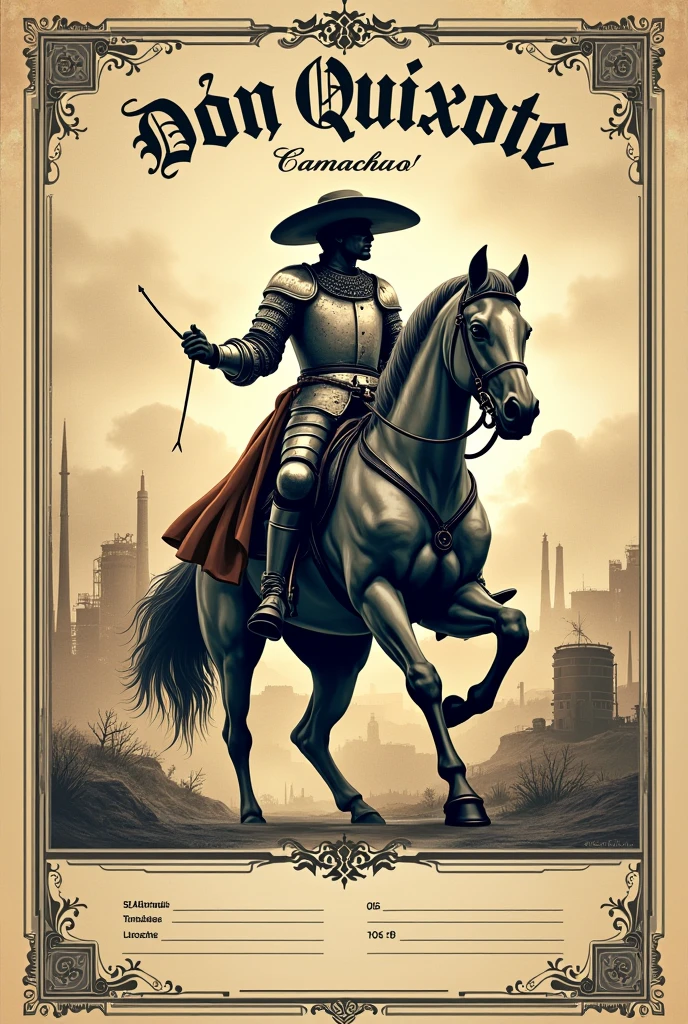 Create a cover for my notebook that contains the following information.
TECHNICAL INDUSTRIAL SECONDARY SCHOOL #69 “GUILLERMO GONZALES CAMARENA” LORETO, ZACATECAS SCHOOL YEAR 2024-2025 Image of Don Quixote of La Mancha with a commemorative phrase SUBJECT: SPANISH DEGREE: 
group:
student:

maestro: Alejandro Calvillo Ramirez
