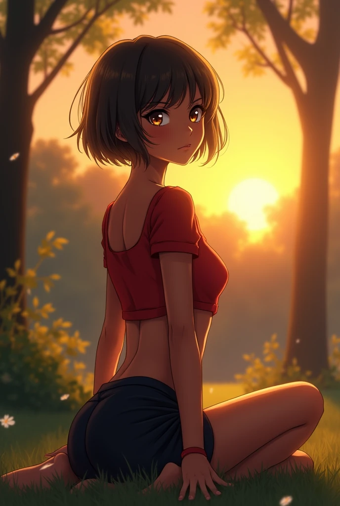 A dark skinned girl, short rizo hair, Red blouse Short, black skirt, Brown eyes, sitting in a park, looking at the sunset under the sunlight.A girl with dark skin, short curly hair, short red top, short black skirt, brown eyes, sitting in a park, looking at the sunset under the sunlight, black and dark blonde hair color, short red top, with on abdomen plane in sight, thighs in sight