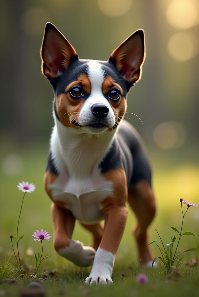 Dog cross between Pinscher and Jack Russel Terrier brown color, black and white stronger pinscher cross
