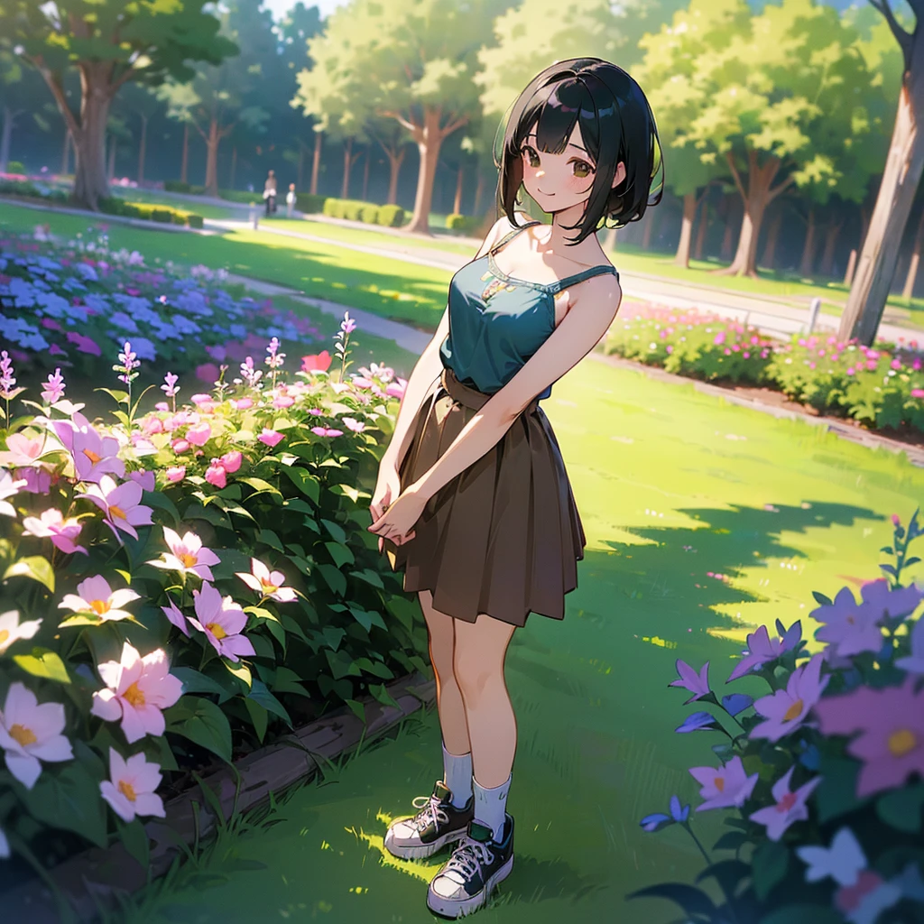 (high quality, High resolution, Very detailed, reality:1.37), Peaceful atmosphere, (Outdoor, garden), age girl standing alone, (my breasts are big.), Beautiful details, Cute Smile, (Black bob hair), camisole, Brown Skirt, Blue socks, sneakers.