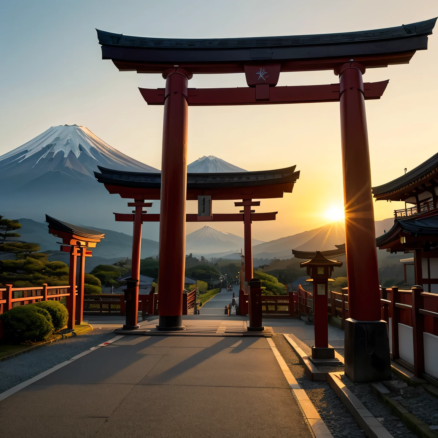 Shrine torii gate in front、Mount Fuji can be seen in the background、The sun rises behind Mount Fuji