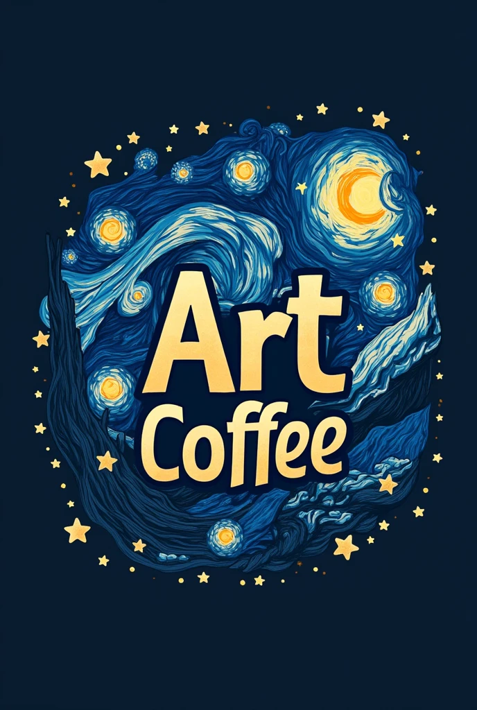 I want a logo for a cafe and the theme I want is about Van Gogh's Starry Night , The name of the cafeteria will be "ART COFFEE" and have the medium-sized letters in the center without repeating the word twice "art",