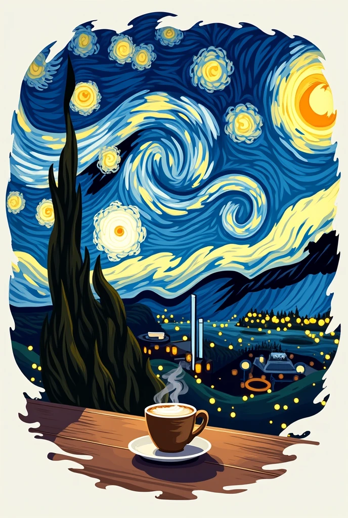 I want a logo for a cafe and the theme I want is about Van Gogh's Starry Night , The name of the cafeteria will be "ART COFFEE" and have the medium-sized letters in the center without repeating the word twice "art",