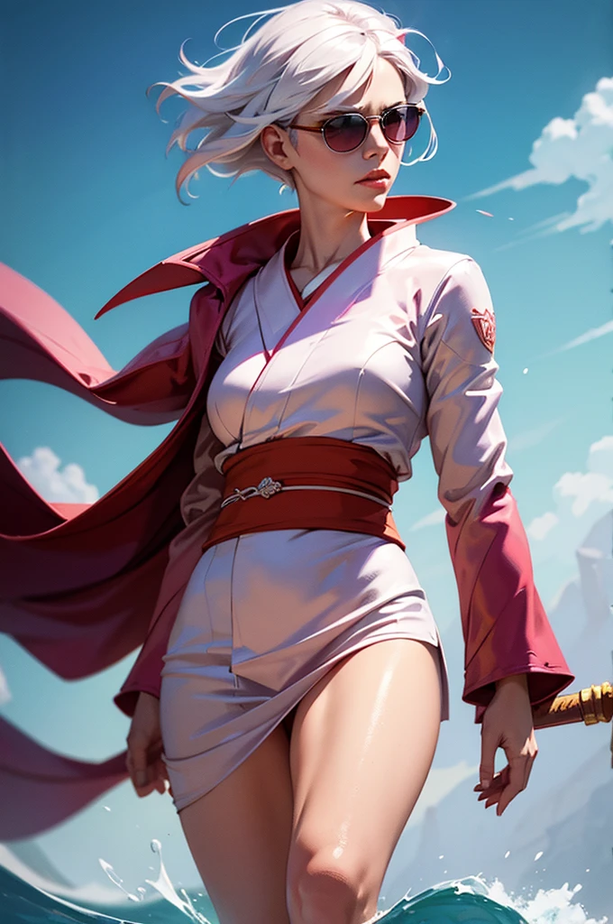 a woman with red wings, white hair on the shoulder, eye white, cleriga, wearing a light pink kimono , blue sunglasses, de corpo inteiro, in a style that combines dungeons and dragons art, oil painting, complex lighting, water colour, fancy, defined lines, saturated flat cores, film composition, perspective, Sketch Style, ultra-realistic, HD, with warm colors.