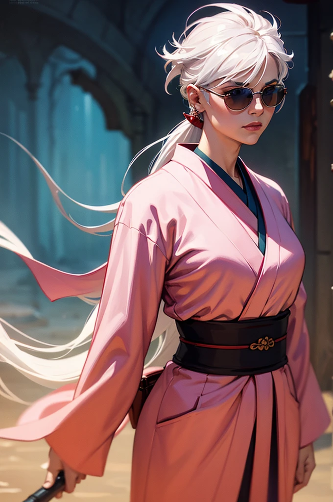 a woman with red wings, white hair on the shoulder, eye white, cleriga, wearing a light pink kimono , blue sunglasses, de corpo inteiro, in a style that combines dungeons and dragons art, oil painting, complex lighting, water colour, fancy, defined lines, saturated flat cores, film composition, perspective, Sketch Style, ultra-realistic, HD, with warm colors.