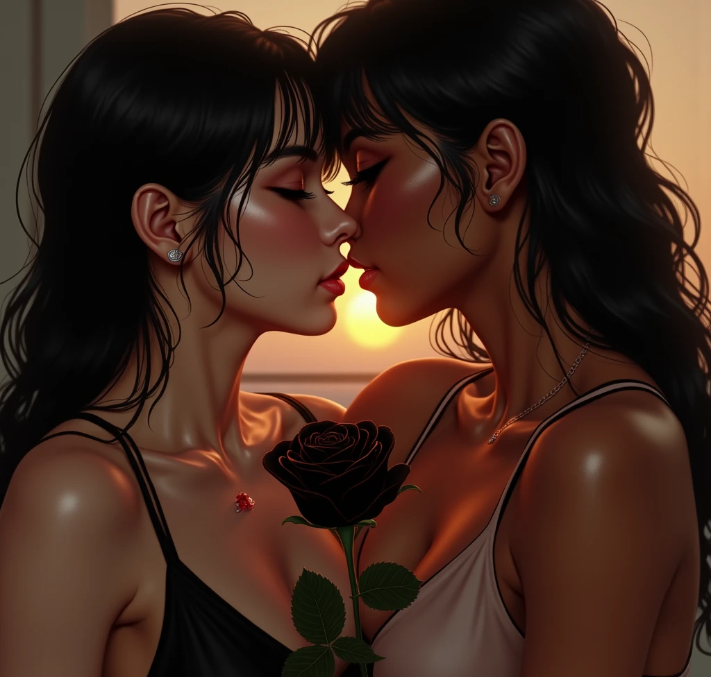 lesbian girl, white skinned girl, licking black flower, closed eyes, her lips and body are wet, the white skinned girl's hair is Sleek Middle Part Hair look, reduce illumination from top, add illumination from a 360 view from below the horizon, sexual pose, realistic style, first sex fanart, realism artstyle, realistic artstyle, hyperrealistic teen, high quality fanart, artwork, conversing, 8k, realistic art style, passionate sexy pose, detailed realistic expressions, realistic picture, lesbian experience, showing love, the girl's off center is bound big bone african american girl, faint kiss marks with faint lipstick and faint mascara color rub-off smeared on one another's skin, white skinned girl's hands are holding a black rose and is pricked by one thorny rose. the prick mark is bleeding, white skinned girl is showing black skinned girl that she is ready to lick black pussy,