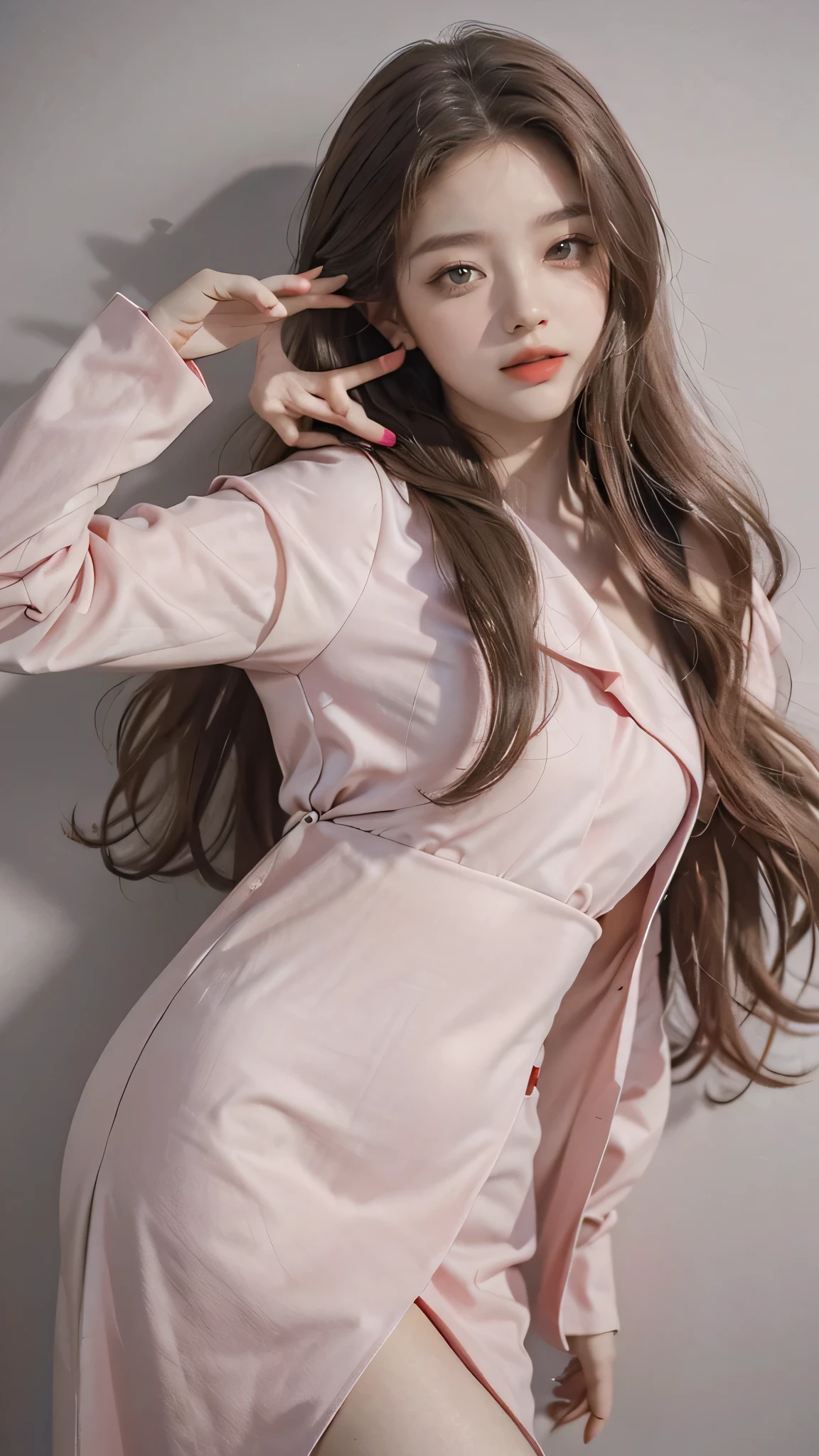 Girl wearing, luxury pink  coat, shoulder length hair, wavy hair, glowing skin, star in eye, red lips, grey  background, cute poses 