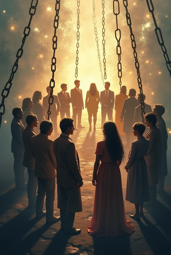 Broken chains forming into a diverse group of people standing united, signifying liberation from prejudice. Make it like a drawing and be creative