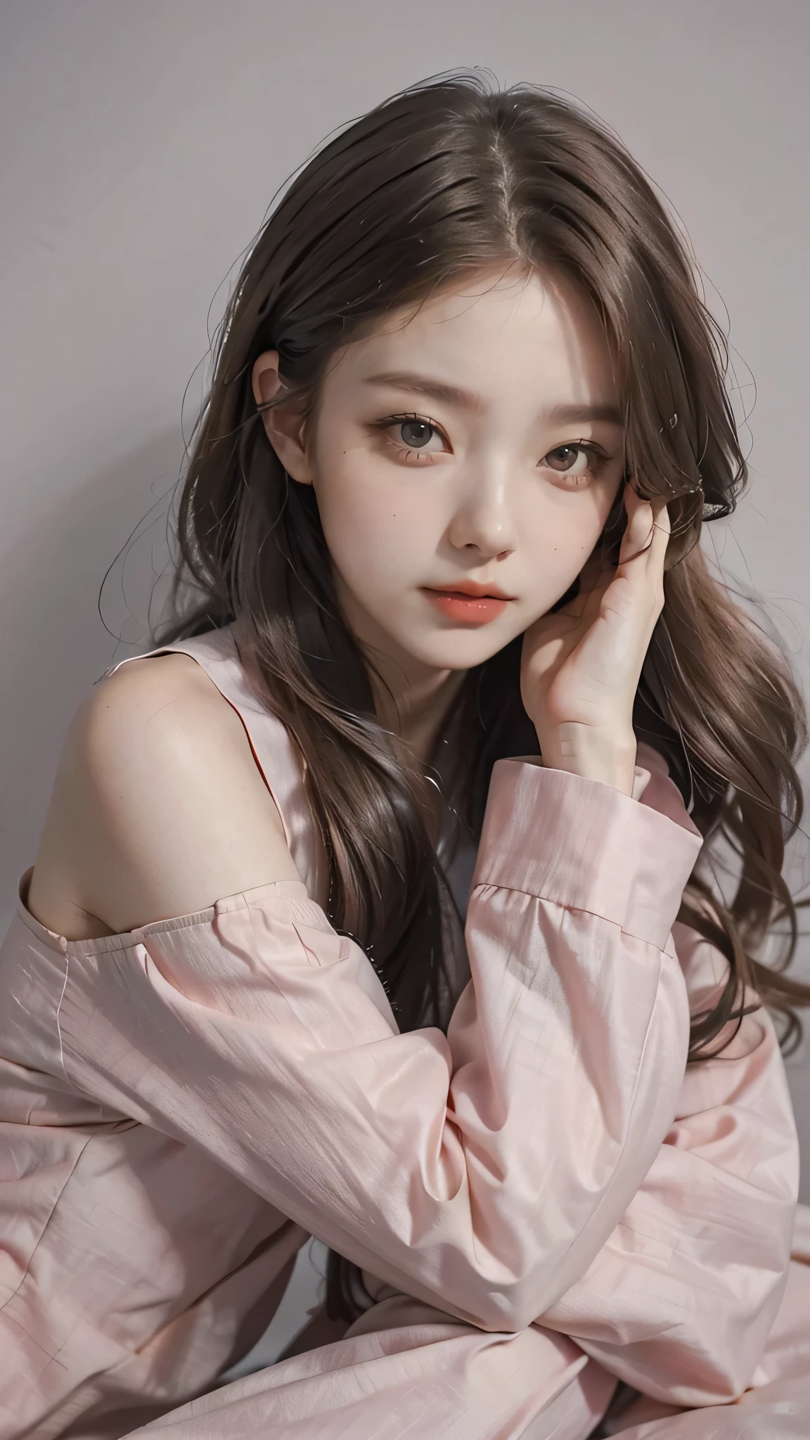 Girl wearing, luxury pink coat, shoulder length hair, wavy hair, glowing skin, star in eye, red lips, grey background, cute poses