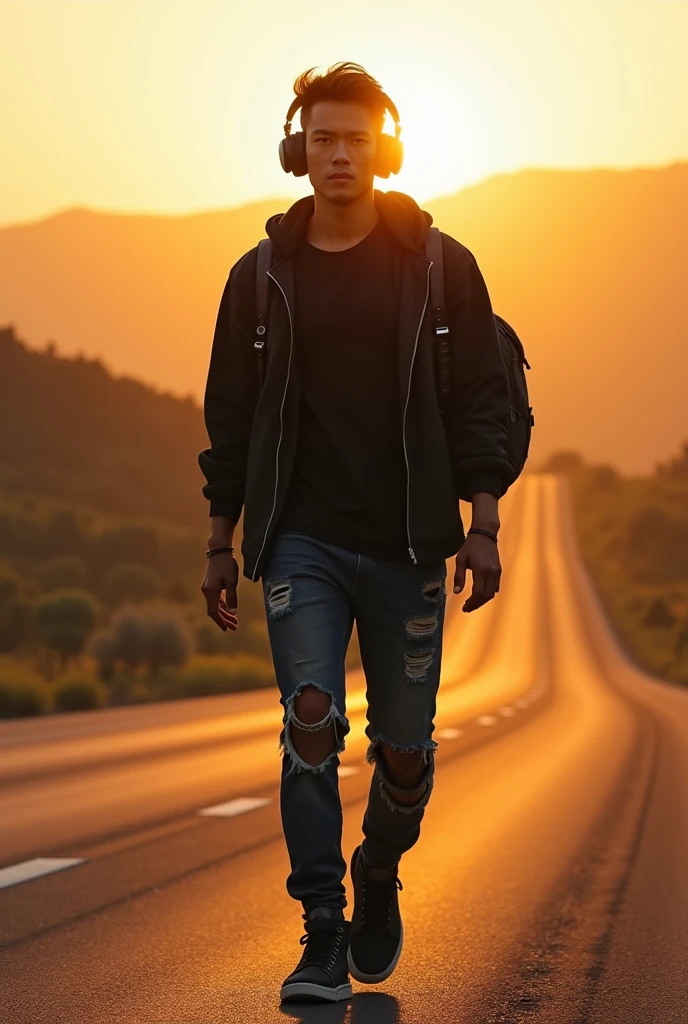 (photorealism:1.2), (HDR focus), warm color, a handsome asian man(rockers) walking on an empty dusty highway looking at the camera, backpack, wearing a black jacket, tight hooded black t-shirt and ripped jeans, headphone, full body, the sun rises from the gaps in the hills