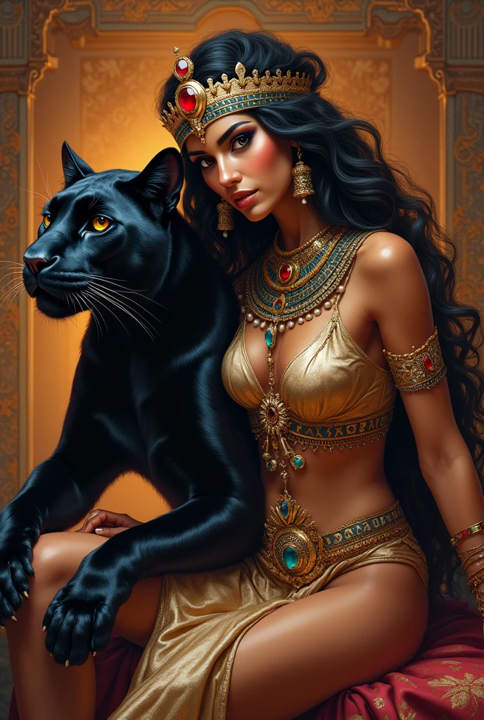 Exuberant Cleopatra sitting next to a black panther