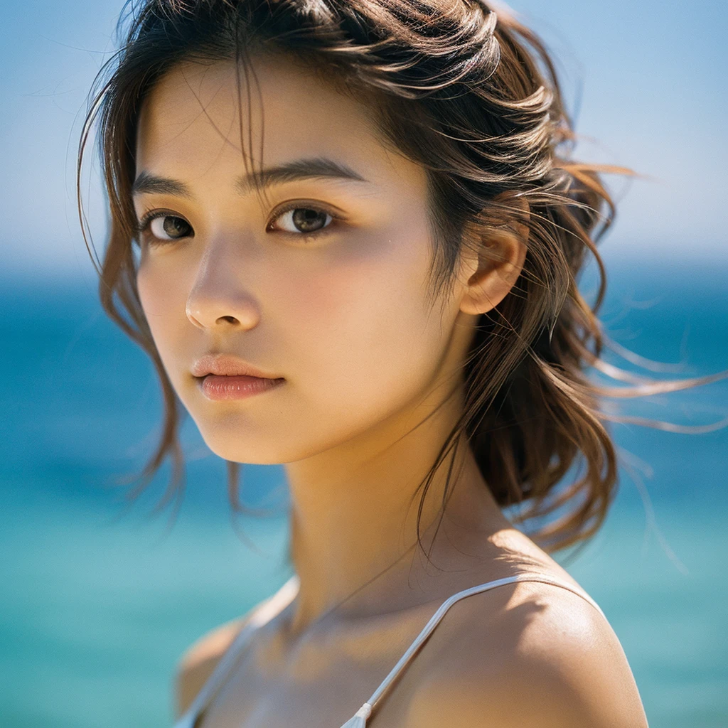 A hyper-realistic image of a single Japanese woman in her early 20s, captured with the nostalgic warmth and subtle graininess of a film camera, showing her from the shoulders up as she stands on a sunlit beach. Her skin has a warm beige tone with a natural, slightly rough texture that includes visible pores, fine lines, and subtle imperfections such as small blemishes and slight unevenness, enhancing the authenticity of her appearance. The texture is intentionally made less smooth, with the natural graininess of the film adding to the overall realism. The soft, diffused natural light gently illuminates her face and shoulders, creating a timeless, organic feel with subtle shadows that enhance the film-like quality. Her straight, glossy black hair flows naturally in the ocean breeze, framing her face, and her deep brown eyes reflect the soft sunlight and the shimmering sea. The film camera effect introduces a slight grain and a softer focus, giving the image a warm, nostalgic atmosphere while maintaining the deliberately rougher texture of her skin. The composition, focused on her upper body, captures the serene elegance of the beach setting, highlighting her natural beauty and the gentle interaction of light and shadow on her skin. The combination of realistic, slightly rough skin texture, soft natural light, and the film-like qualities ensures that this image presents a lifelike, captivating portrayal of the woman, centered on her face and shoulders.