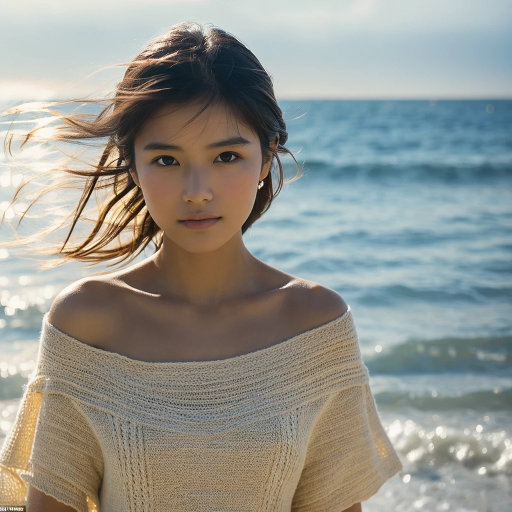 A hyper-realistic image of a single Japanese woman in her early 20s, captured with the nostalgic warmth and subtle graininess of a film camera, showing her from the shoulders up as she stands on a sunlit beach. Her skin has a warm beige tone with a natural, slightly rough texture that includes visible pores, fine lines, and subtle imperfections such as small blemishes and slight unevenness, enhancing the authenticity of her appearance. The texture is intentionally made less smooth, with the natural graininess of the film adding to the overall realism. The soft, diffused natural light gently illuminates her face and shoulders, creating a timeless, organic feel with subtle shadows that enhance the film-like quality. Her straight, glossy black hair flows naturally in the ocean breeze, framing her face, and her deep brown eyes reflect the soft sunlight and the shimmering sea. The film camera effect introduces a slight grain and a softer focus, giving the image a warm, nostalgic atmosphere while maintaining the deliberately rougher texture of her skin. The composition, focused on her upper body, captures the serene elegance of the beach setting, highlighting her natural beauty and the gentle interaction of light and shadow on her skin. The combination of realistic, slightly rough skin texture, soft natural light, and the film-like qualities ensures that this image presents a lifelike, captivating portrayal of the woman, centered on her face and shoulders.