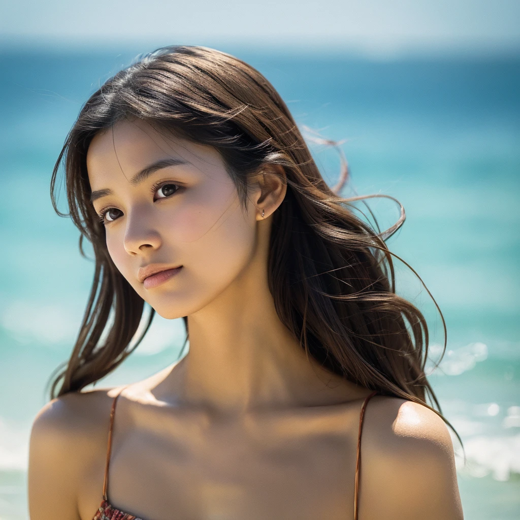 A hyper-realistic image of a single Japanese woman in her early 20s, captured with the nostalgic warmth and subtle graininess of a film camera, showing her from the shoulders up as she stands on a sunlit beach. Her skin has a warm beige tone with a natural, slightly rough texture that includes visible pores, fine lines, and subtle imperfections such as small blemishes and slight unevenness, enhancing the authenticity of her appearance. The texture is intentionally made less smooth, with the natural graininess of the film adding to the overall realism. The soft, diffused natural light gently illuminates her face and shoulders, creating a timeless, organic feel with subtle shadows that enhance the film-like quality. Her straight, glossy black hair flows naturally in the ocean breeze, framing her face, and her deep brown eyes reflect the soft sunlight and the shimmering sea. The film camera effect introduces a slight grain and a softer focus, giving the image a warm, nostalgic atmosphere while maintaining the deliberately rougher texture of her skin. The composition, focused on her upper body, captures the serene elegance of the beach setting, highlighting her natural beauty and the gentle interaction of light and shadow on her skin. The combination of realistic, slightly rough skin texture, soft natural light, and the film-like qualities ensures that this image presents a lifelike, captivating portrayal of the woman, centered on her face and shoulders.