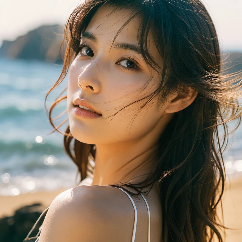 A hyper-realistic image of a single Japanese woman in her early 20s, captured with the nostalgic warmth and subtle graininess of a film camera, showing her from the shoulders up as she stands on a sunlit beach. Her skin has a warm beige tone with a natural, slightly rough texture that includes visible pores, fine lines, and subtle imperfections such as small blemishes and slight unevenness, enhancing the authenticity of her appearance. The texture is intentionally made less smooth, with the natural graininess of the film adding to the overall realism. The soft, diffused natural light gently illuminates her face and shoulders, creating a timeless, organic feel with subtle shadows that enhance the film-like quality. Her straight, glossy black hair flows naturally in the ocean breeze, framing her face, and her deep brown eyes reflect the soft sunlight and the shimmering sea. The film camera effect introduces a slight grain and a softer focus, giving the image a warm, nostalgic atmosphere while maintaining the deliberately rougher texture of her skin. The composition, focused on her upper body, captures the serene elegance of the beach setting, highlighting her natural beauty and the gentle interaction of light and shadow on her skin. The combination of realistic, slightly rough skin texture, soft natural light, and the film-like qualities ensures that this image presents a lifelike, captivating portrayal of the woman, centered on her face and shoulders.