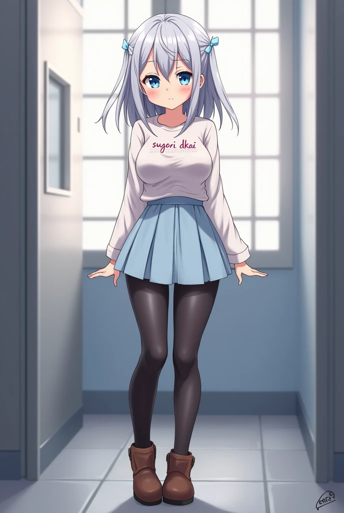 Hana Uzaki is 150 centimeters tall,[1] has silver-colored hair with a slightly black nape, big blue eyes, and a bust size of 96 centimeters with J cups in JP.[2] Hana wears a long-sleeve shirt with the words "sugoi dekai" printed on the front. This can be translated as "super big".[3] She also wears a short light blue skirt, black pantyhose, and walnut brown boots.

Her breasts are drawn far larger than normal and with much more focus in chapter 100, as well as in the flashbacks from previous events shown in that chapter.