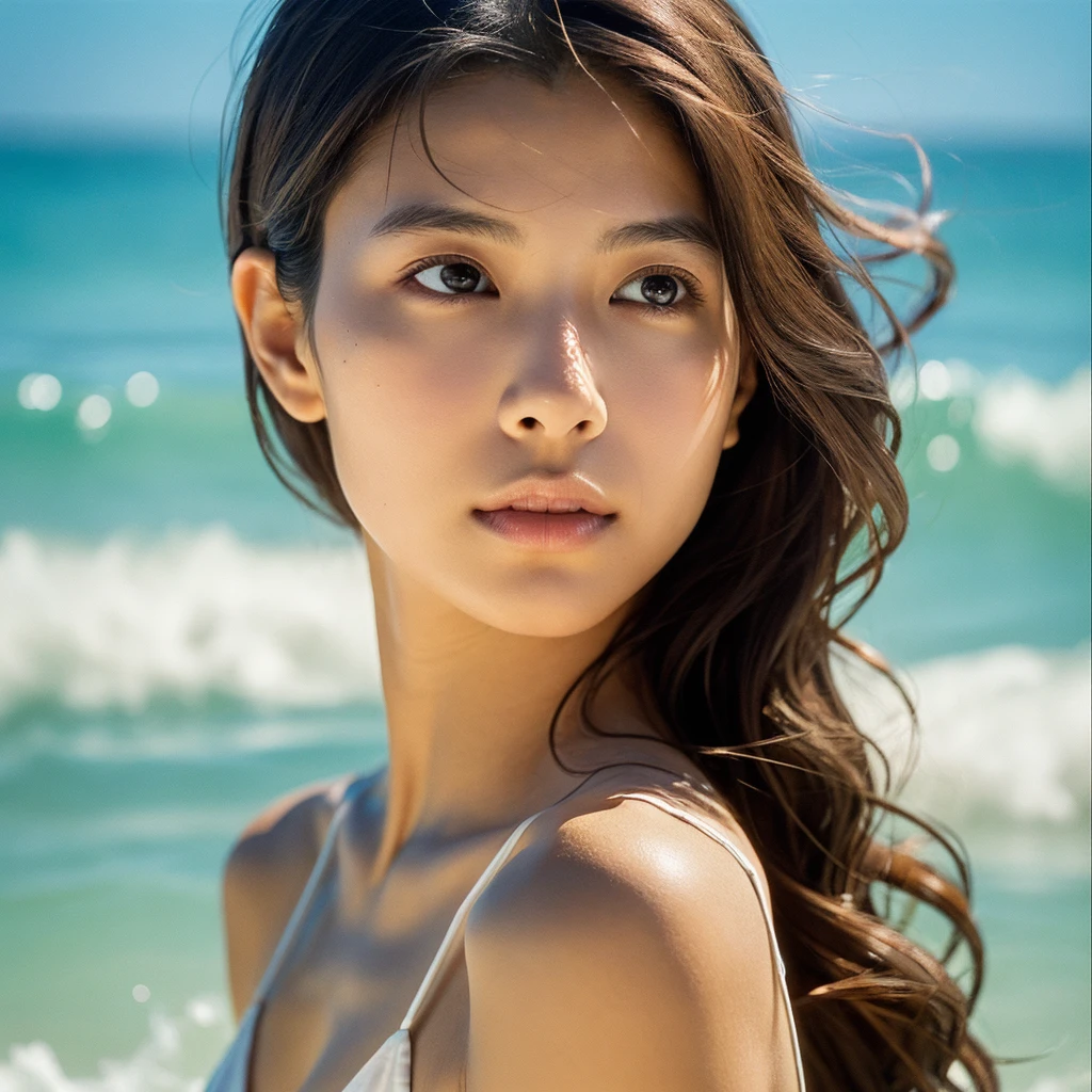 A hyper-realistic image of a single Japanese woman in her early 20s, captured with the nostalgic warmth and subtle graininess of a film camera, showing her from the shoulders up as she stands on a sunlit beach. Her skin has a warm beige tone with a natural, slightly rough texture that includes visible pores, fine lines, and subtle imperfections such as small blemishes and slight unevenness, enhancing the authenticity of her appearance. The texture is intentionally made less smooth, with the natural graininess of the film adding to the overall realism. The soft, diffused natural light gently illuminates her face and shoulders, creating a timeless, organic feel with subtle shadows that enhance the film-like quality. Her straight, glossy black hair flows naturally in the ocean breeze, framing her face, and her deep brown eyes reflect the soft sunlight and the shimmering sea. The film camera effect introduces a slight grain and a softer focus, giving the image a warm, nostalgic atmosphere while maintaining the deliberately rougher texture of her skin. The composition, focused on her upper body, captures the serene elegance of the beach setting, highlighting her natural beauty and the gentle interaction of light and shadow on her skin. The combination of realistic, slightly rough skin texture, soft natural light, and the film-like qualities ensures that this image presents a lifelike, captivating portrayal of the woman, centered on her face and shoulders.