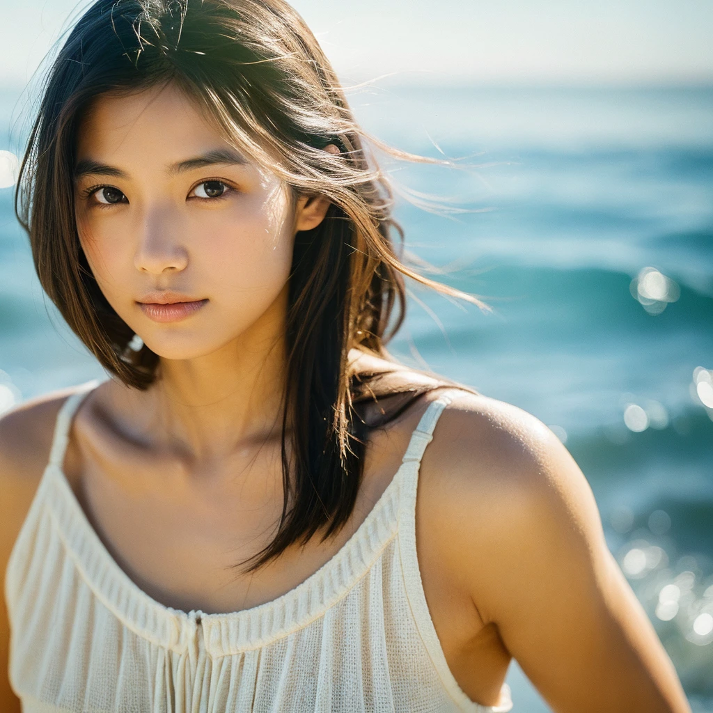 A hyper-realistic image of a single Japanese woman in her early 20s, captured with the nostalgic warmth and subtle graininess of a film camera, showing her from the shoulders up as she stands on a sunlit beach. Her skin has a warm beige tone with a natural, slightly rough texture that includes visible pores, fine lines, and subtle imperfections such as small blemishes and slight unevenness, enhancing the authenticity of her appearance. The texture is intentionally made less smooth, with the natural graininess of the film adding to the overall realism. The soft, diffused natural light gently illuminates her face and shoulders, creating a timeless, organic feel with subtle shadows that enhance the film-like quality. Her straight, glossy black hair flows naturally in the ocean breeze, framing her face, and her deep brown eyes reflect the soft sunlight and the shimmering sea. The film camera effect introduces a slight grain and a softer focus, giving the image a warm, nostalgic atmosphere while maintaining the deliberately rougher texture of her skin. The composition, focused on her upper body, captures the serene elegance of the beach setting, highlighting her natural beauty and the gentle interaction of light and shadow on her skin. The combination of realistic, slightly rough skin texture, soft natural light, and the film-like qualities ensures that this image presents a lifelike, captivating portrayal of the woman, centered on her face and shoulders.