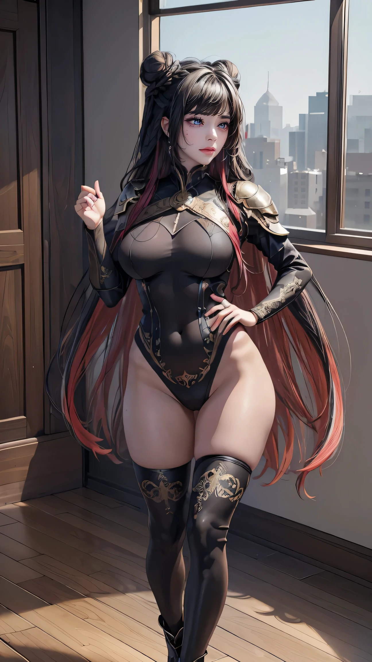 Best quality, masterpiece, ultra high res, raw photo, beautiful and aesthetic,deep shadow, fantasy theme,(ultra detailed:1.3),
1girl, standing pose, Realistic, cute girl, (super long hair, hair:1.2), doublebun, hair ornament, braid, thick hair, (black long hair:1.1), red colored inner hair, (gigantic breasts:1.2), big butt, hourglass body, emphasis on hair, emphasis on eyes, emphasis on face, crying, valkyrie armor clothing, long gloves, long boots, thighshigh, full body, indoors, looking at viewers 