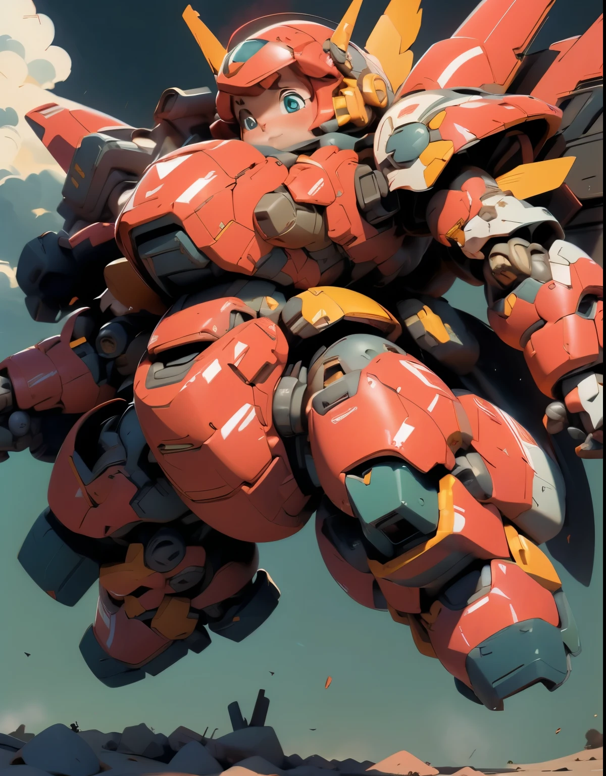 (((1 chibi girl in large red-colored robot costume, from below))), (holding weapons), (((helmet:1.5))), (((looking down:1.4))), ssmile, (chibi), (bulky:1.5), large cute face, mechanical parts, ((mechanical wings)), (full armor:1.8), (mecha armor:1.8), (shoulder guards:1.2),(huger arms), ((mechanical arms:1.5)), (short legs), (huger body:1.8), (heavy equipment:1.6), (from below), (headgear), blue sky, white clouds, robot joints, becoming a mecha, mecha, (RARS), (HRS), ROBOTANIMESTYLE, BJ_Cute_Mech,cute, girl
BREAK
((masterpiece)), vibrant colors, 8k, best quality, ultra detailed illustration, ((best quality)), ((high resolution)), flawless skin textures, shiny oiled skin, extremely detailed anime eyes , extreme light and shadow,