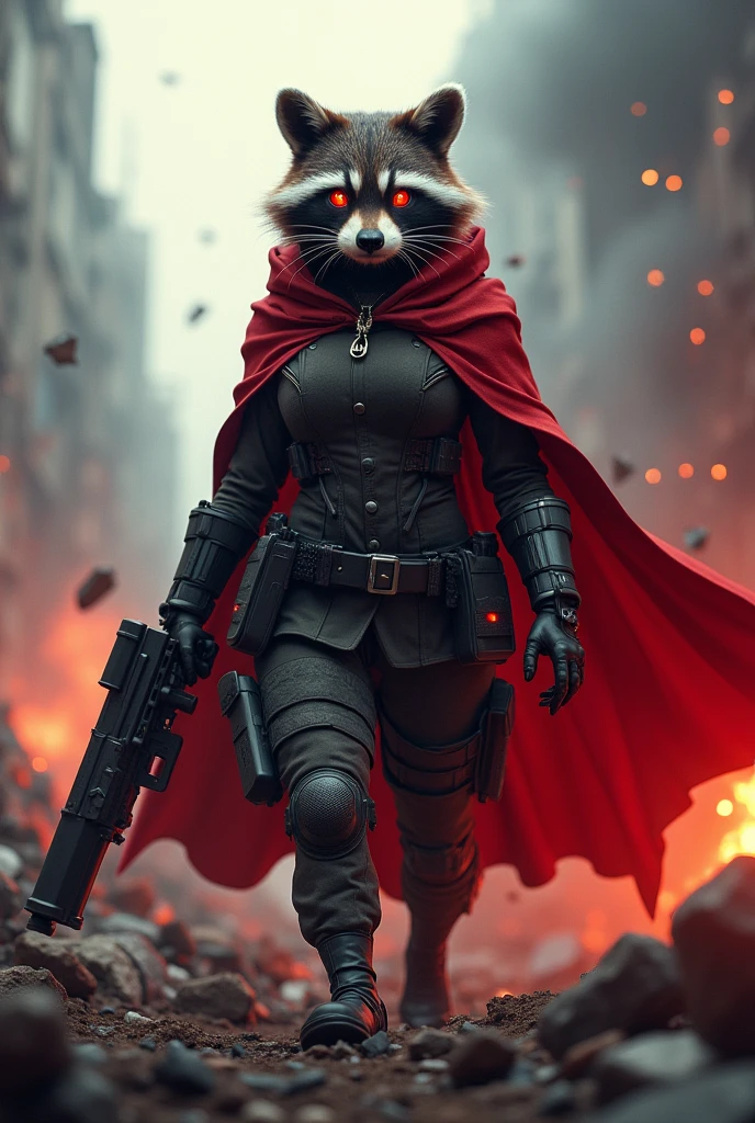 A female raccoon with flaming eyes wearing a female military uniform with a cape in a war area holding a powerful machine gun with a victorious red color aura
