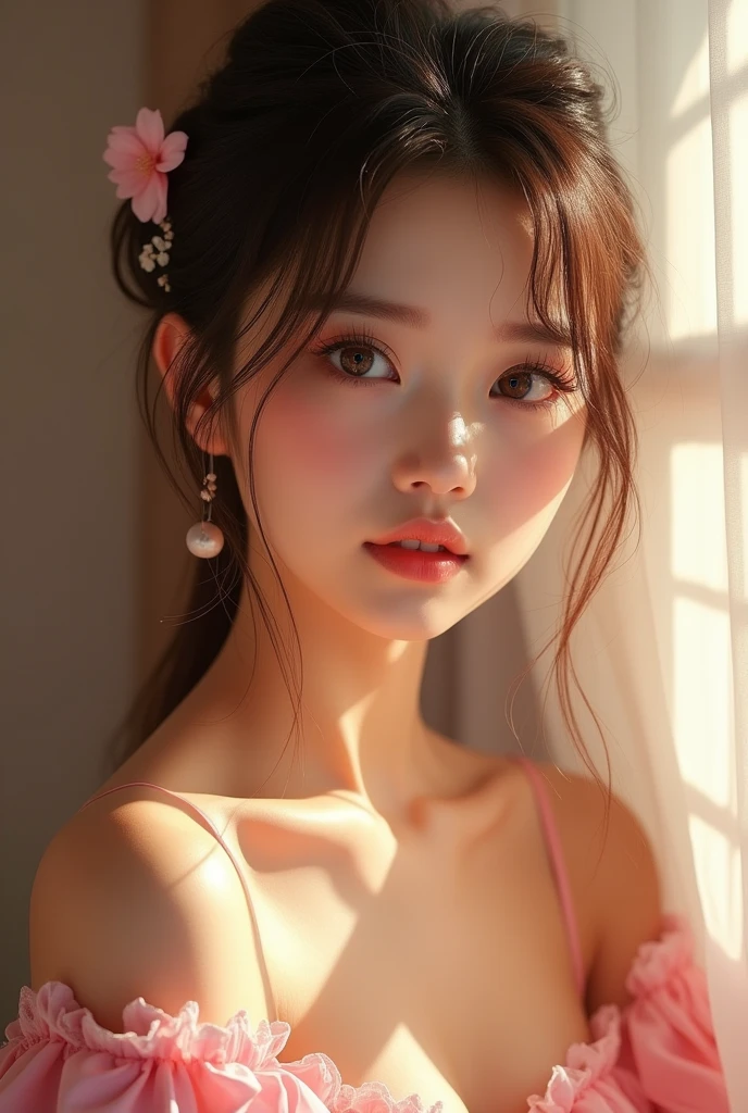 best quality,masterpiece,Ultra-high resolution,(loyalty:1.4),RAW photos,1 girl,Peach Blossom Eyes,Crop Top,Pink strapless,Movie Lighting