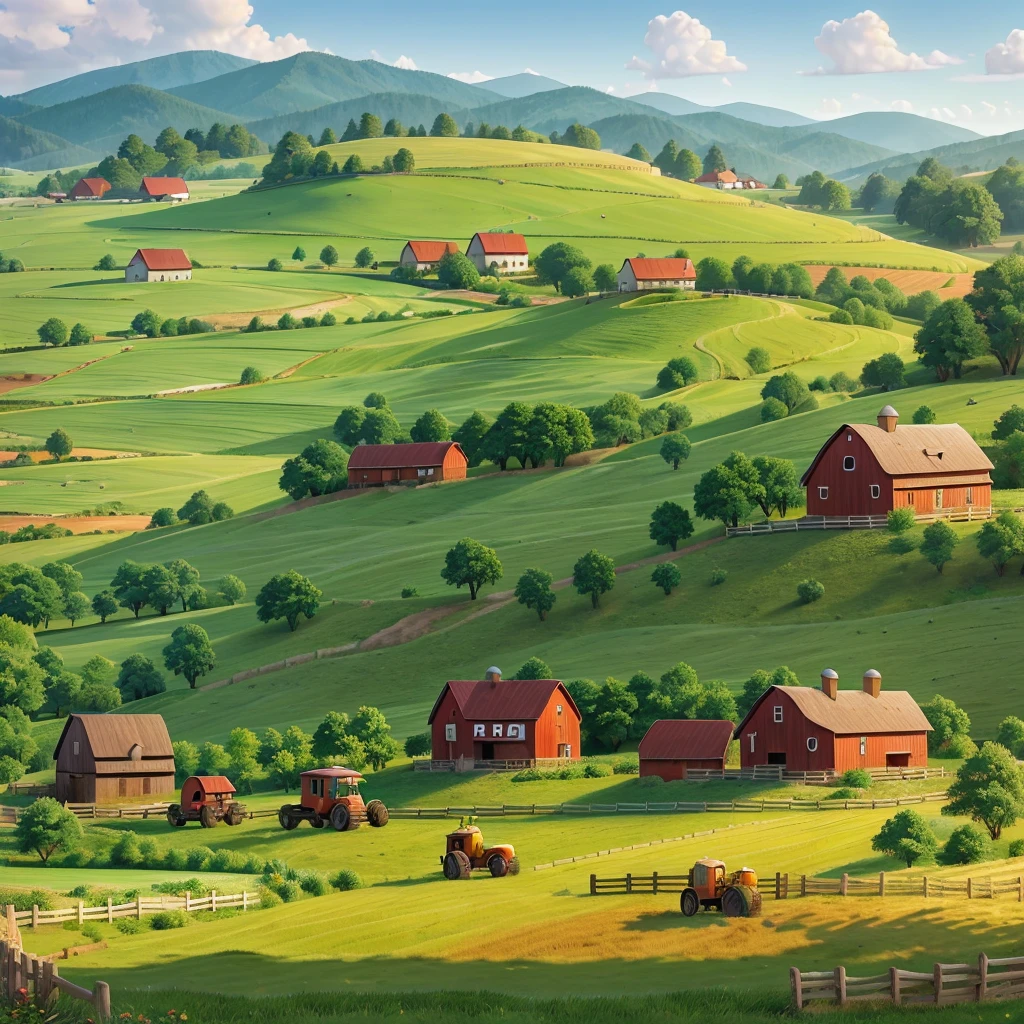 A beautiful and exquisite farm called ALEGRIA, Lush green fields, Rustic wooden fence, Red Barn,decorated in white, Rolling hills in the background, Vintage tractor parked near the barn, Picturesque scenery, Warm golden sun, Very detailed, Reality, Extremely detailed, Vibrant colors, masterpiece, 8K, Award-winning photos,Happy animals in the center of the photo.
